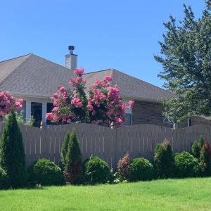 Single-story brick house with gray roof, wooden fence, and flowering pink crepe myrtle trees in a green yard under blue sky.