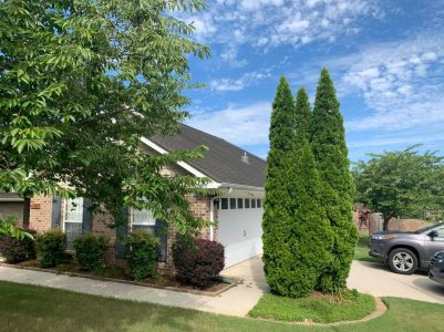 A suburban brick house with a two-car garage, a driveway, and tall evergreen trees in the front yard.