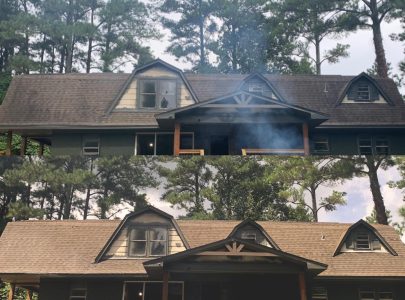 Two side-by-side images show a house roof before and after cleaning, with stains removed in the after photo.
