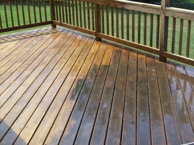 A wooden deck partially wet from cleaning, with sunlight highlighting the difference between cleaned and uncleaned areas.